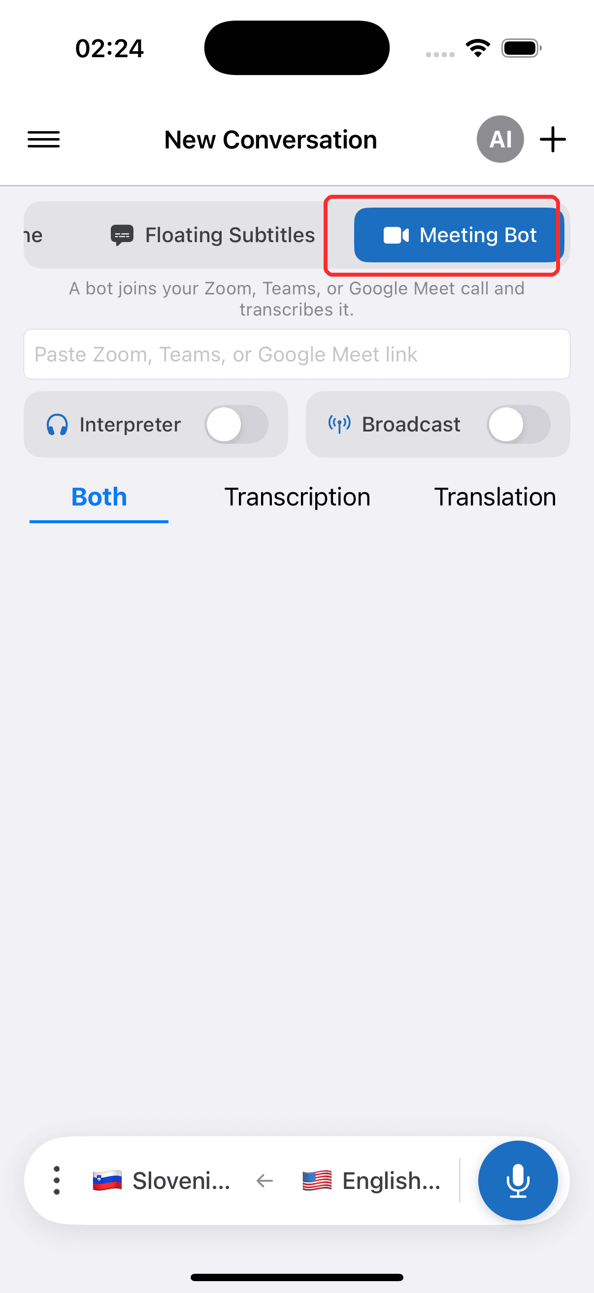 Selecting Meeting Bot in the top menu on iPhone