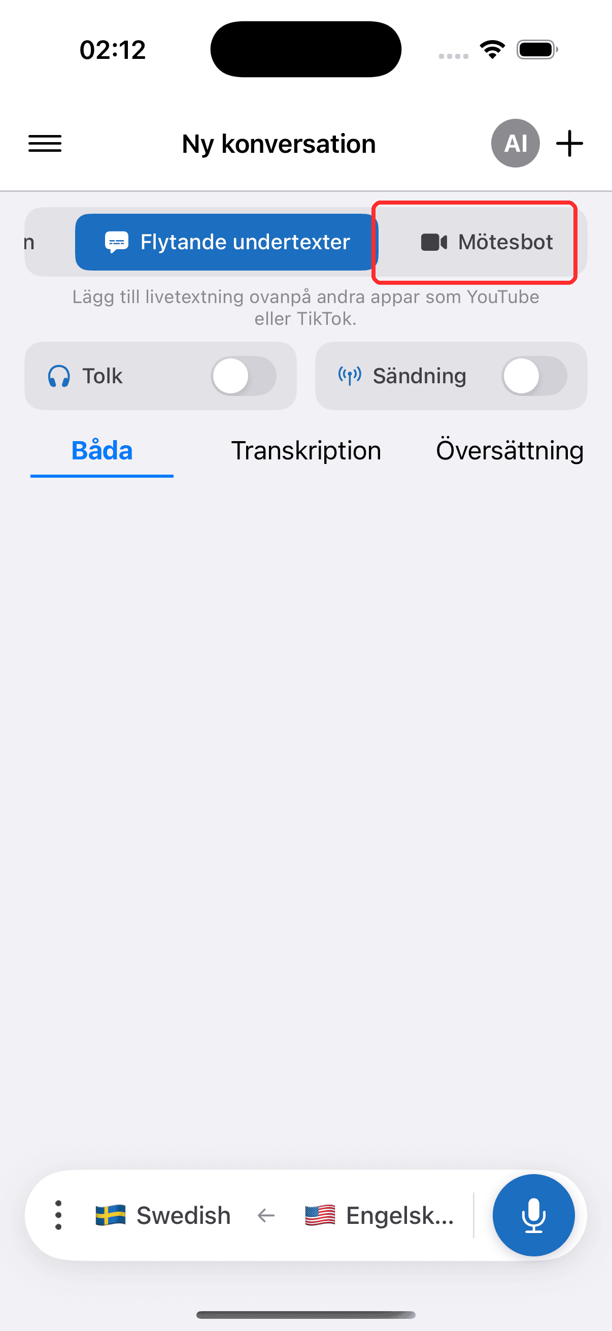 Selecting Meeting Bot in the top menu on iPhone