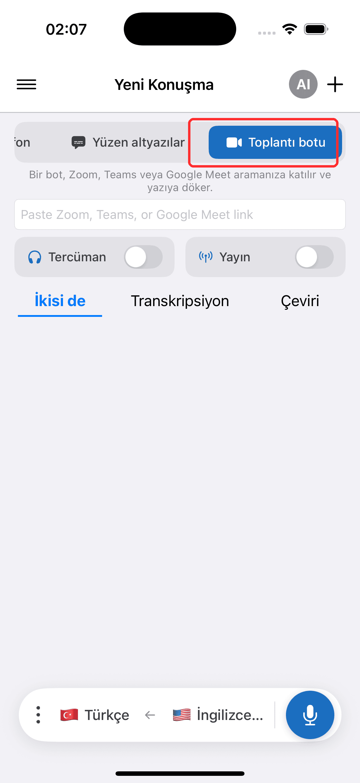 Selecting Meeting Bot in the top menu on iPhone