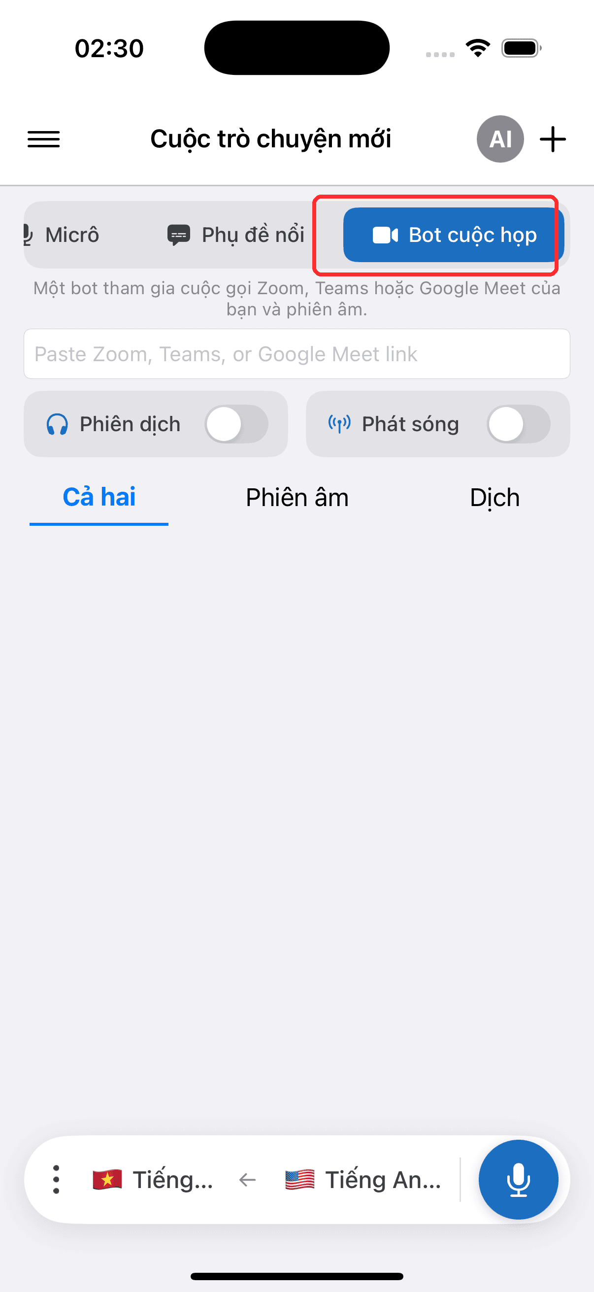 Selecting Meeting Bot in the top menu on iPhone