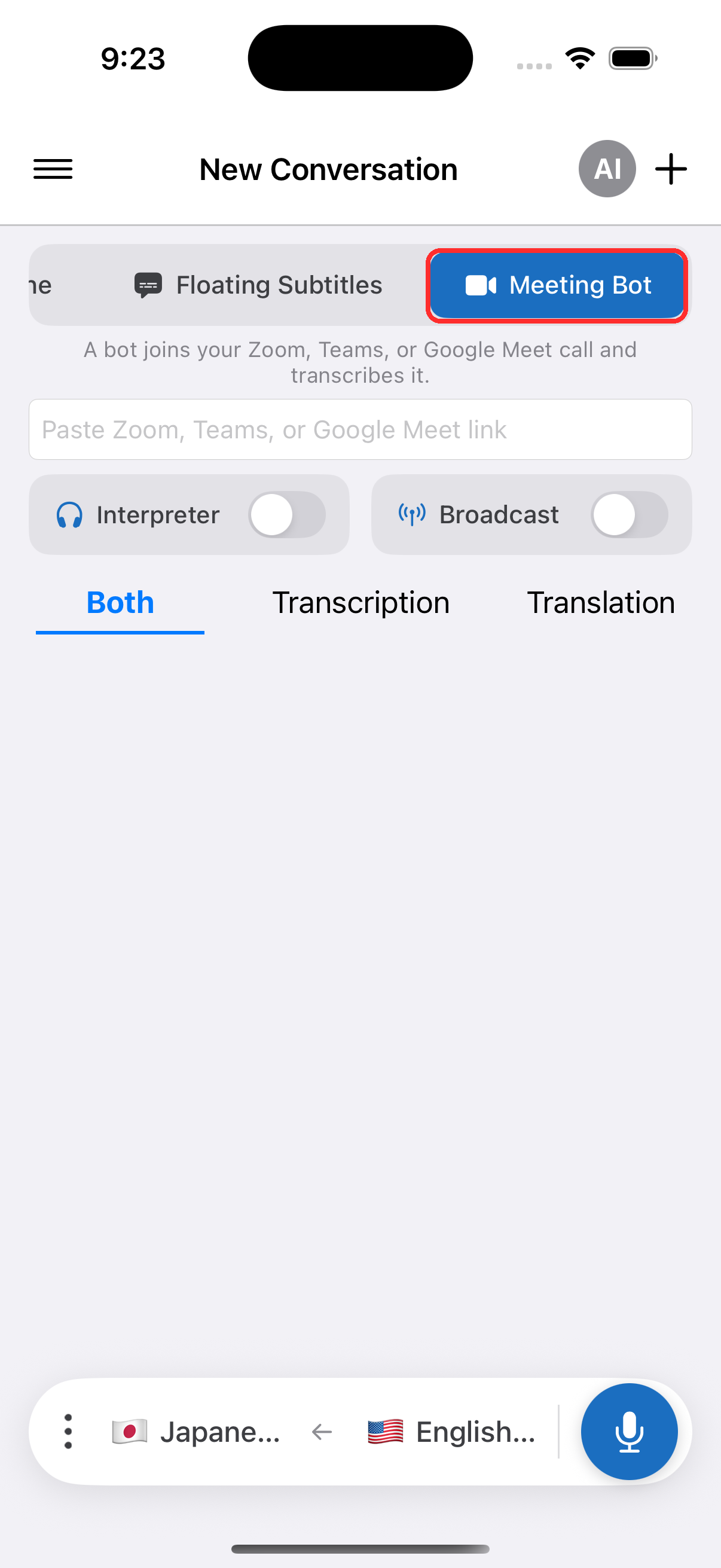 Selecting Meeting Bot in the top menu on iPhone