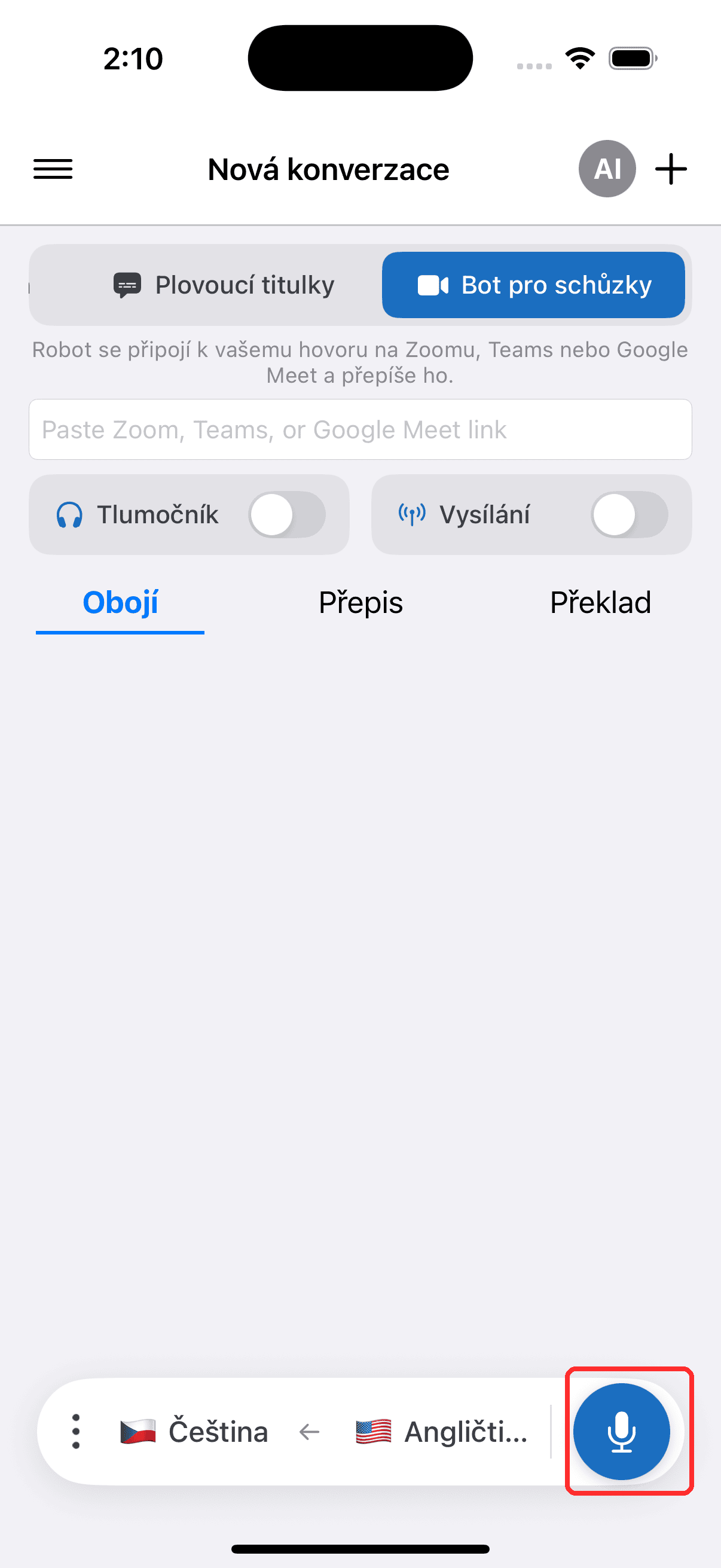 Tapping the record button to start the Meeting Bot on iPhone