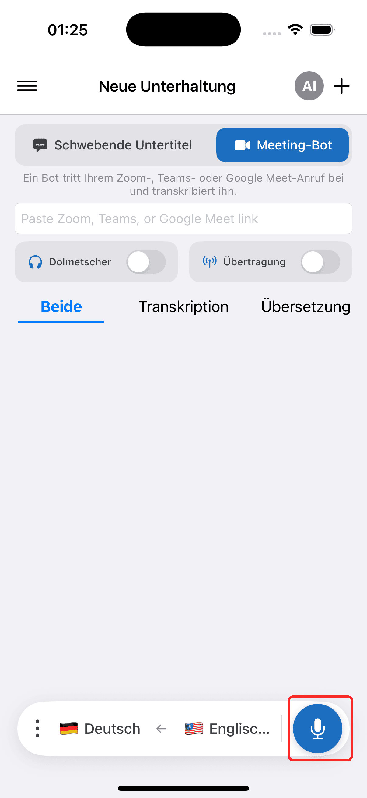 Tapping the record button to start the Meeting Bot on iPhone