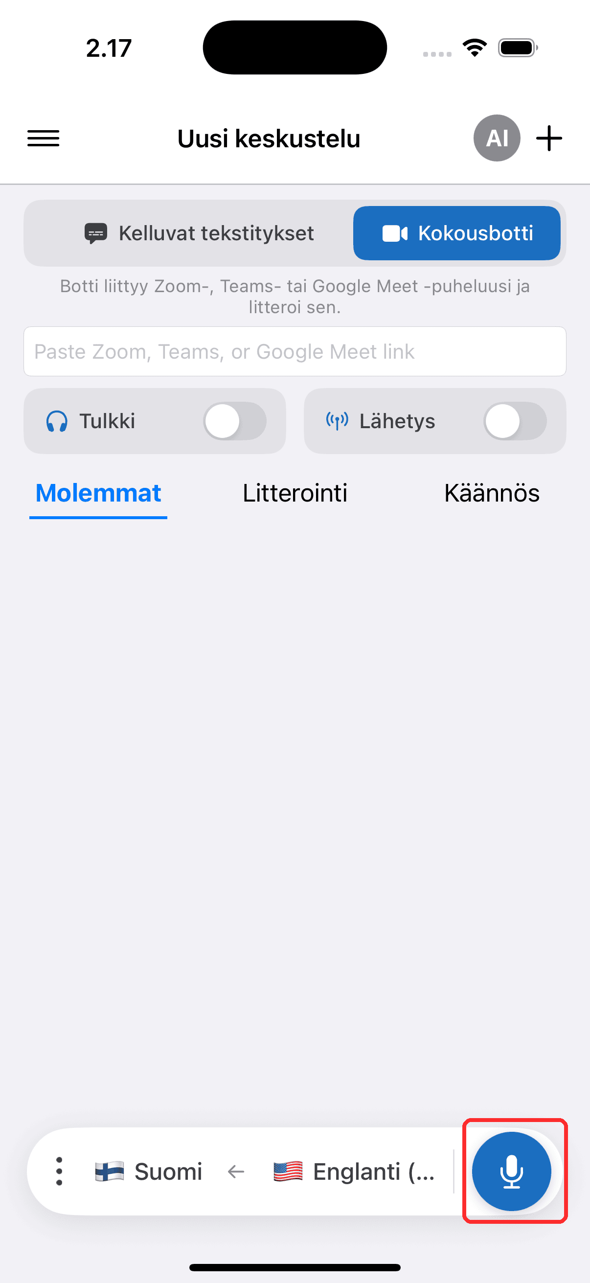 Tapping the record button to start the Meeting Bot on iPhone