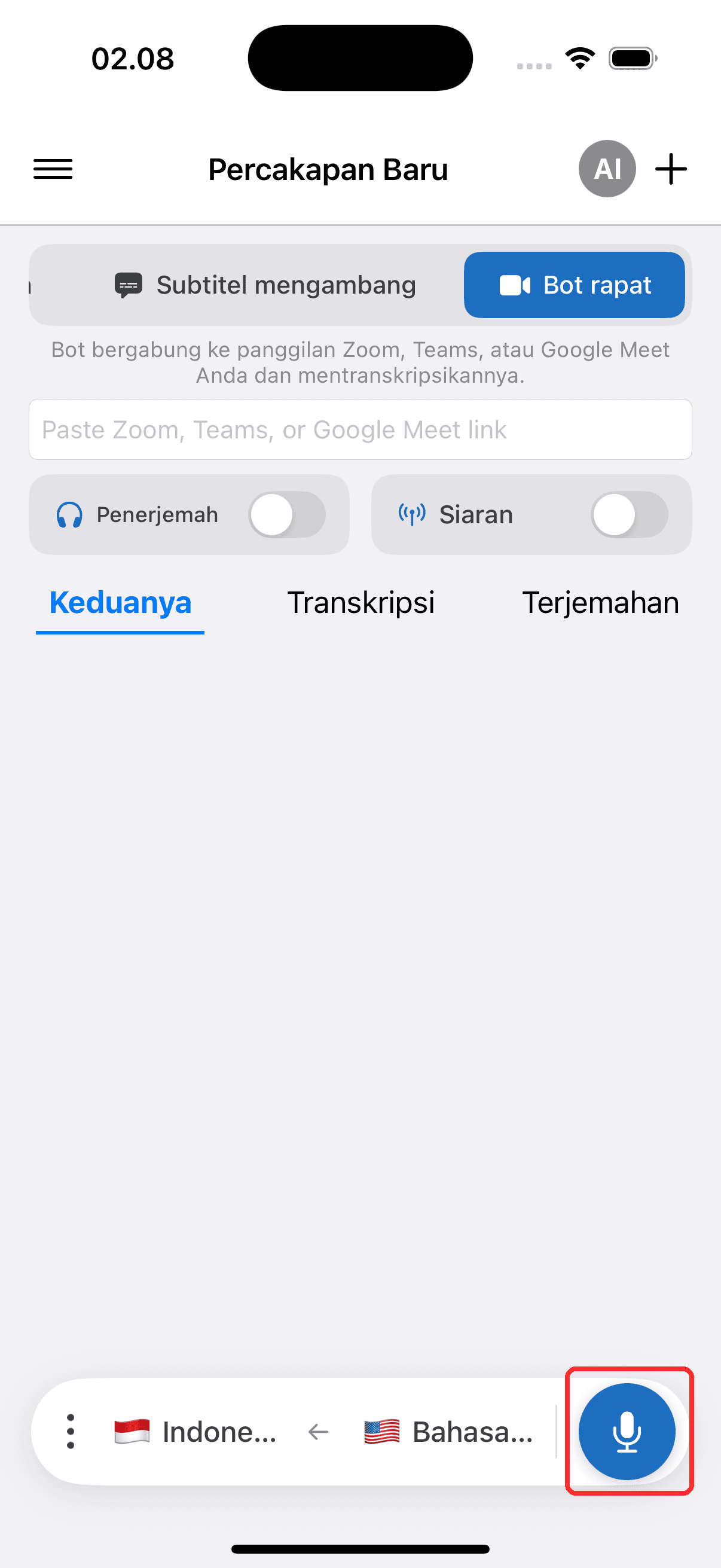 Tapping the record button to start the Meeting Bot on iPhone
