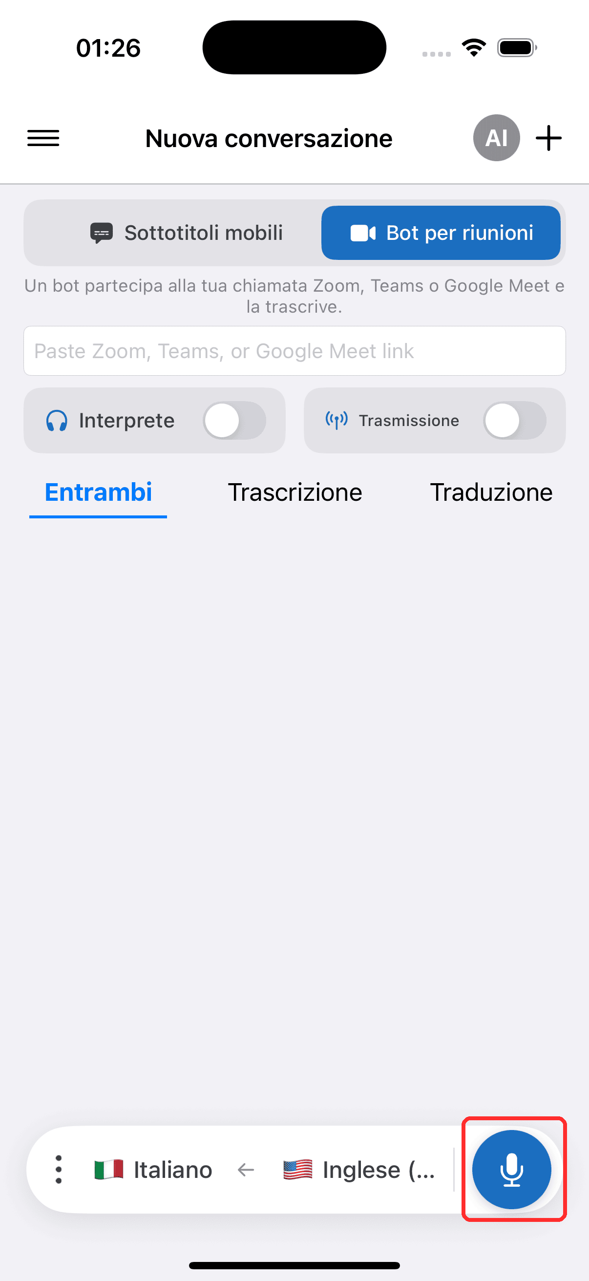 Tapping the record button to start the Meeting Bot on iPhone