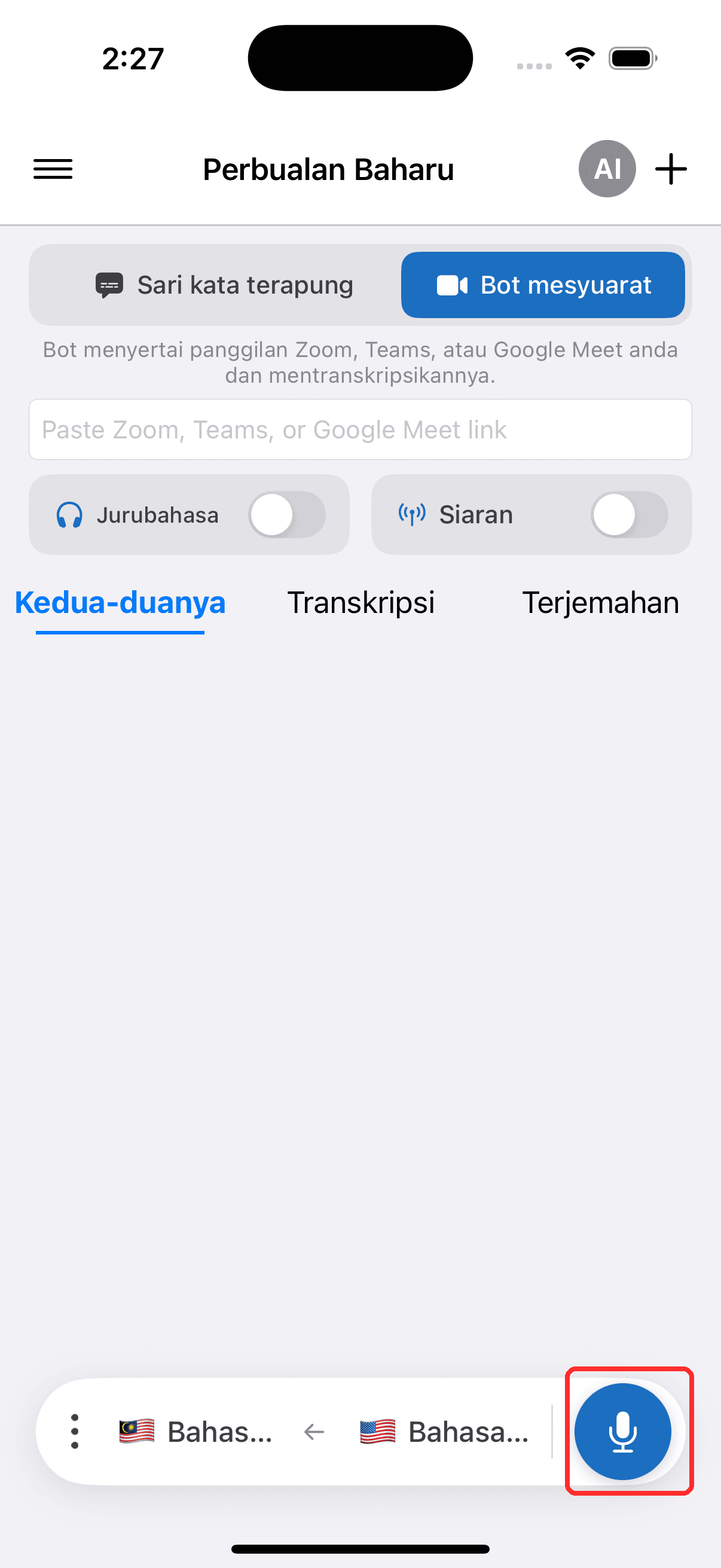 Tapping the record button to start the Meeting Bot on iPhone
