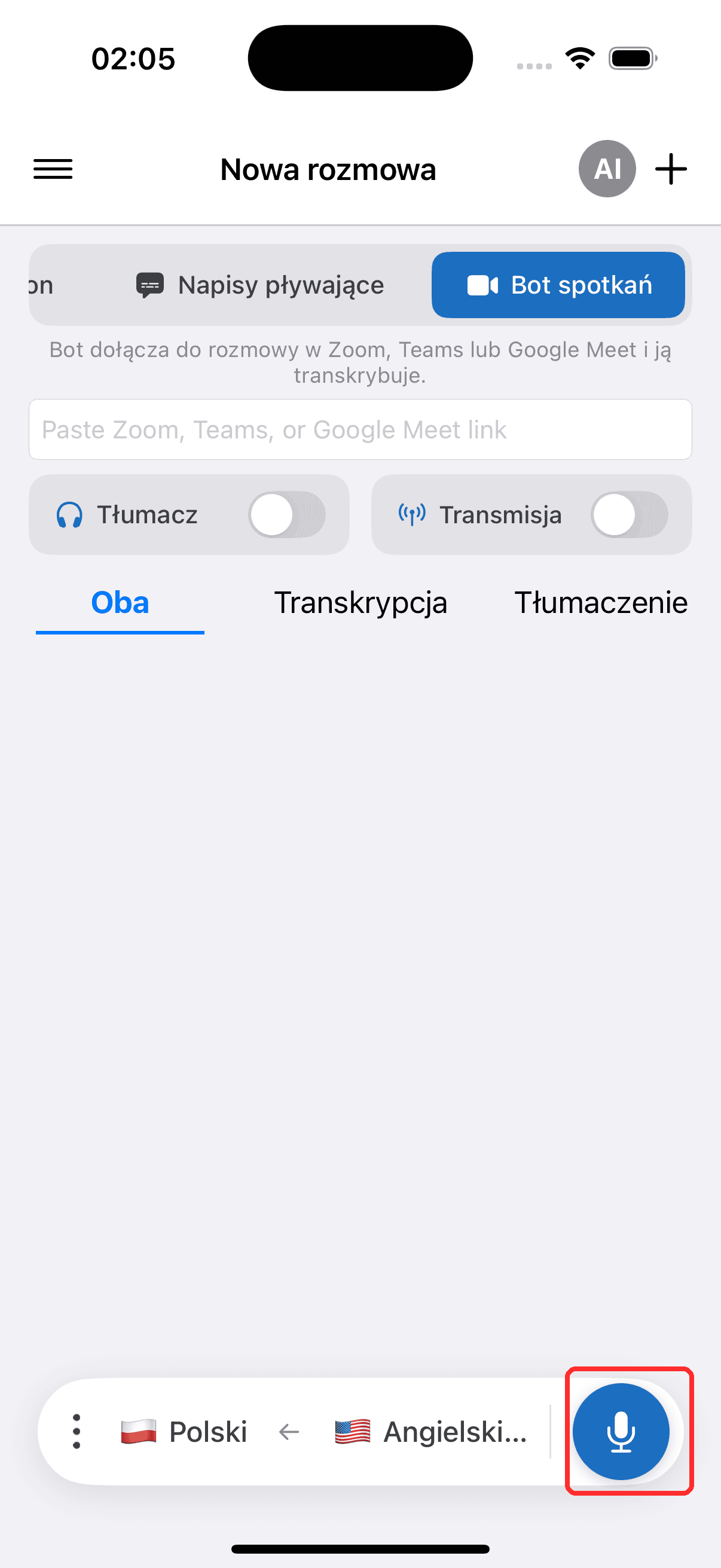 Tapping the record button to start the Meeting Bot on iPhone