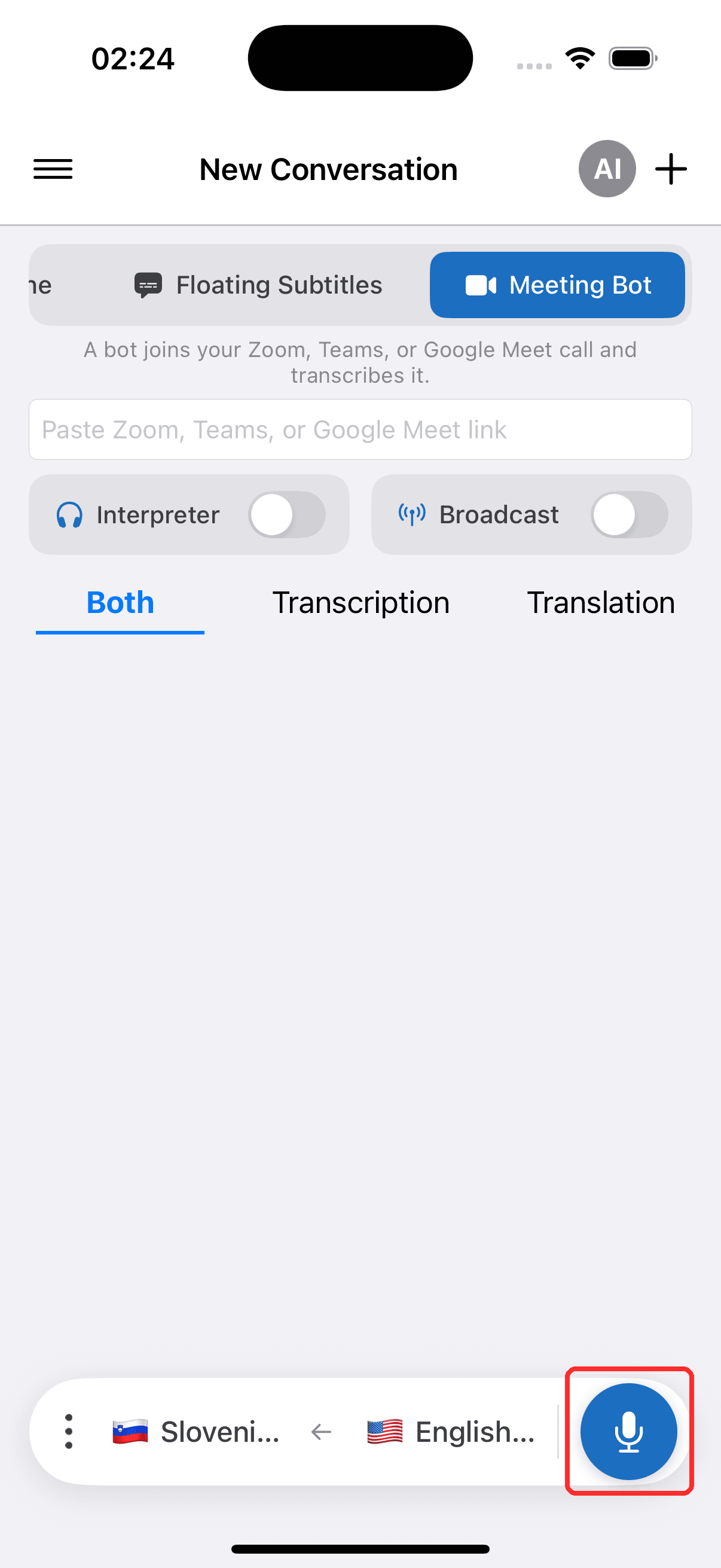 Tapping the record button to start the Meeting Bot on iPhone