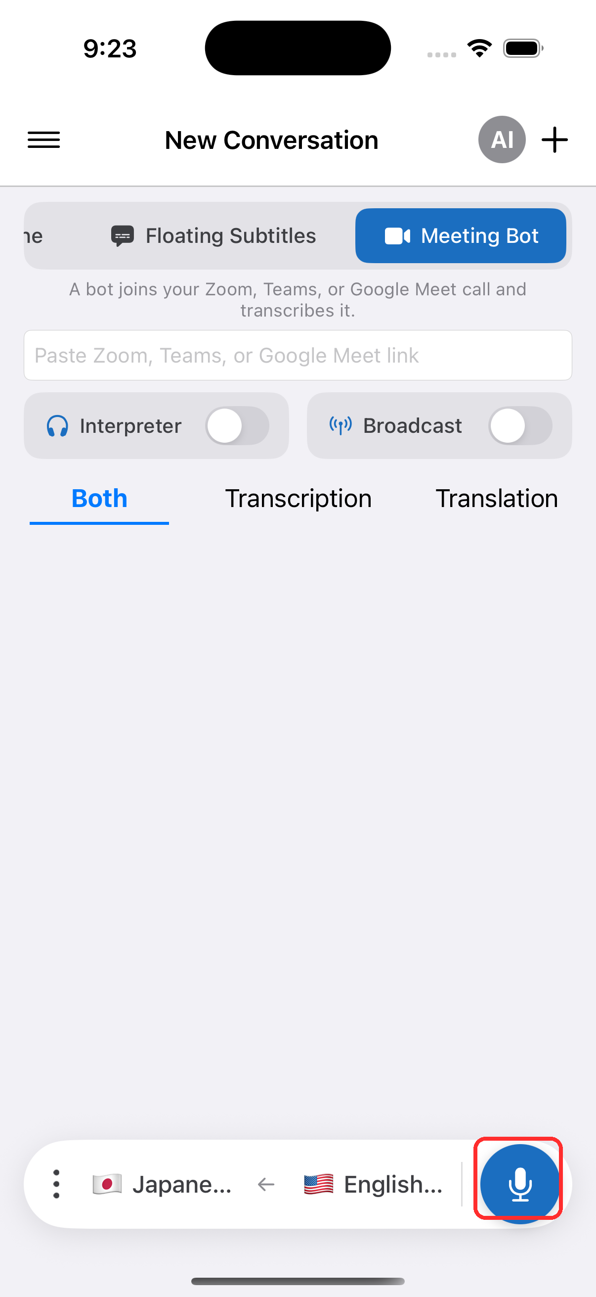 Tapping the record button to start the Meeting Bot on iPhone