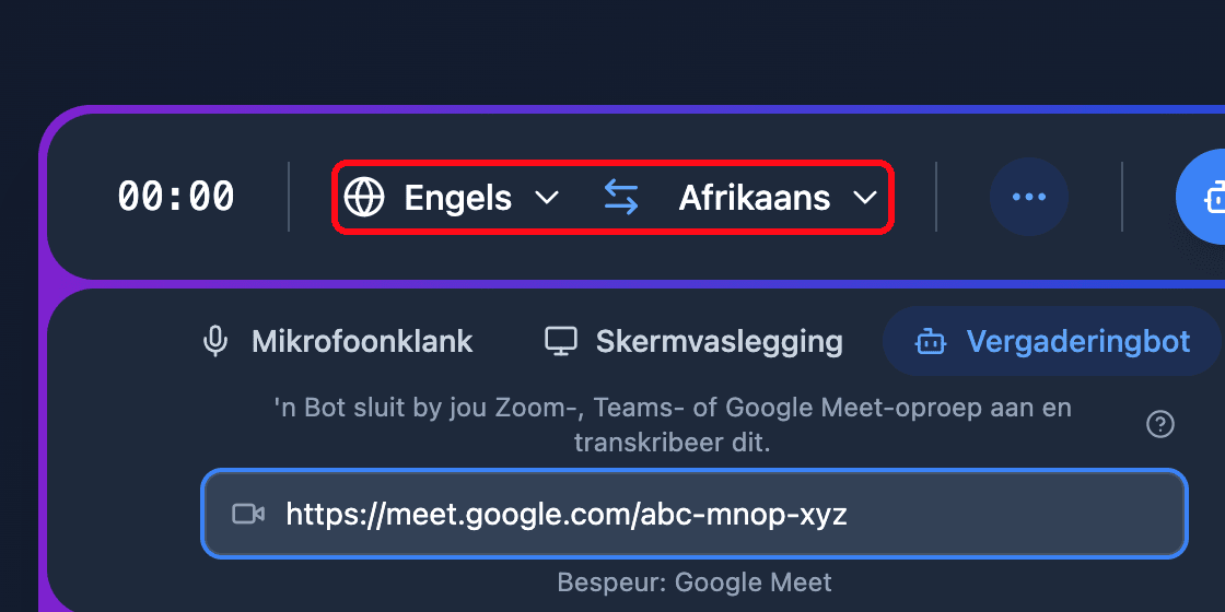The source and target language selectors in the Whisperr Web App recording bar