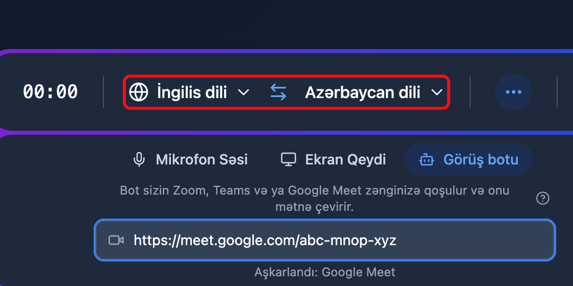 The source and target language selectors in the Whisperr Web App recording bar