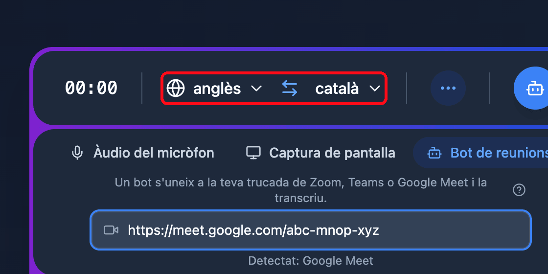 The source and target language selectors in the Whisperr Web App recording bar