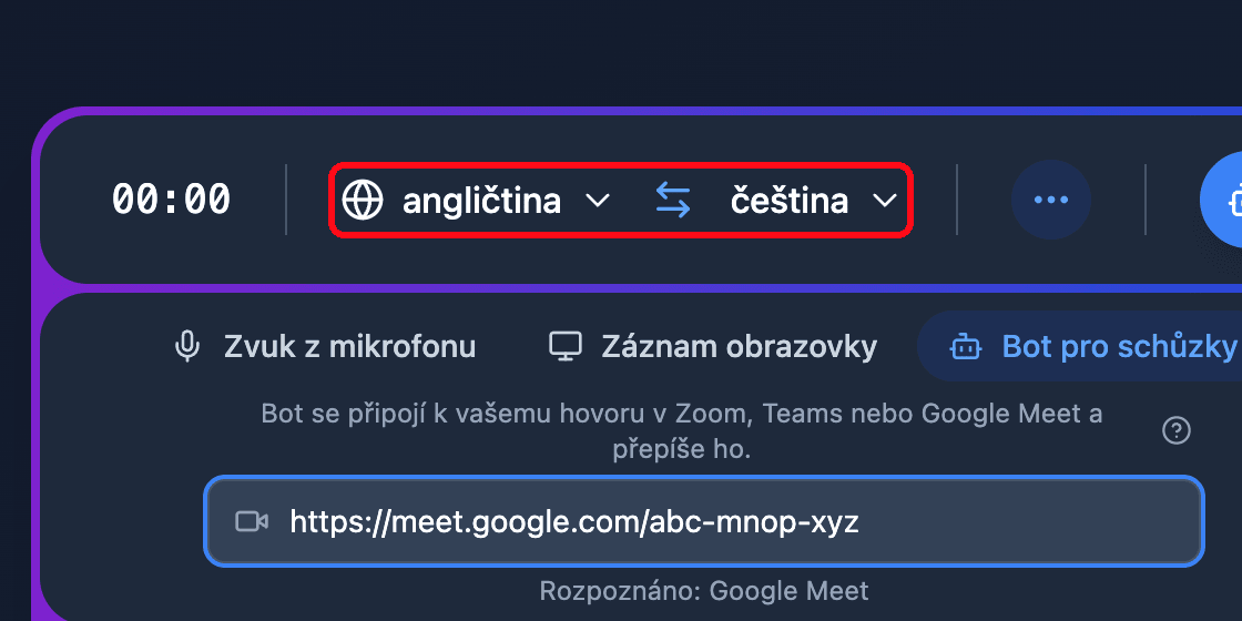 The source and target language selectors in the Whisperr Web App recording bar