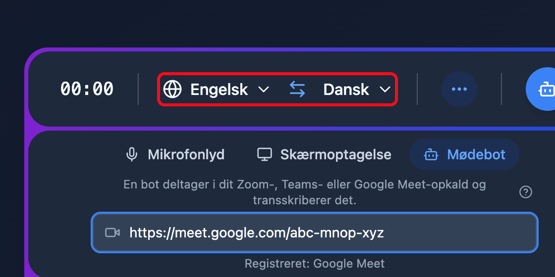 The source and target language selectors in the Whisperr Web App recording bar
