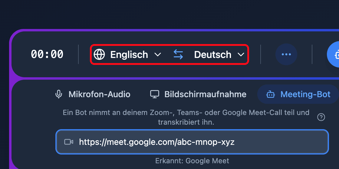 The source and target language selectors in the Whisperr Web App recording bar