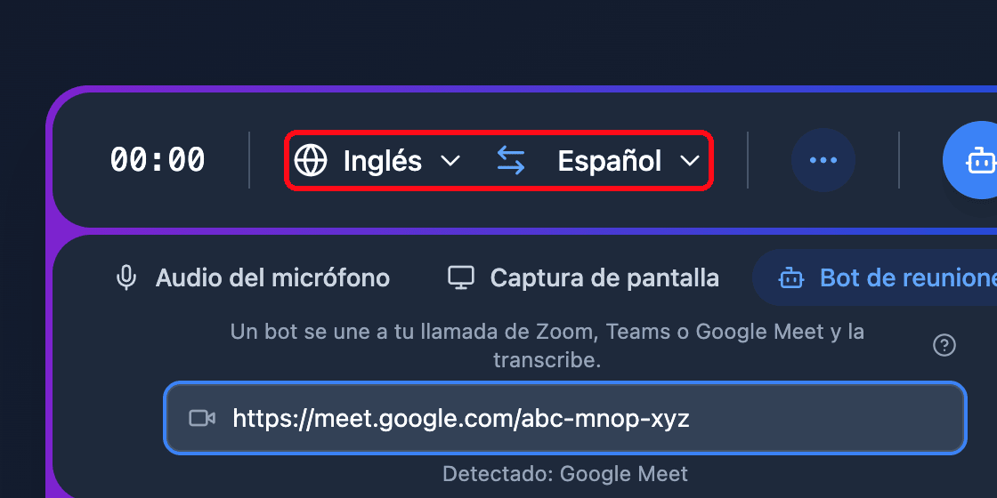 The source and target language selectors in the Whisperr Web App recording bar