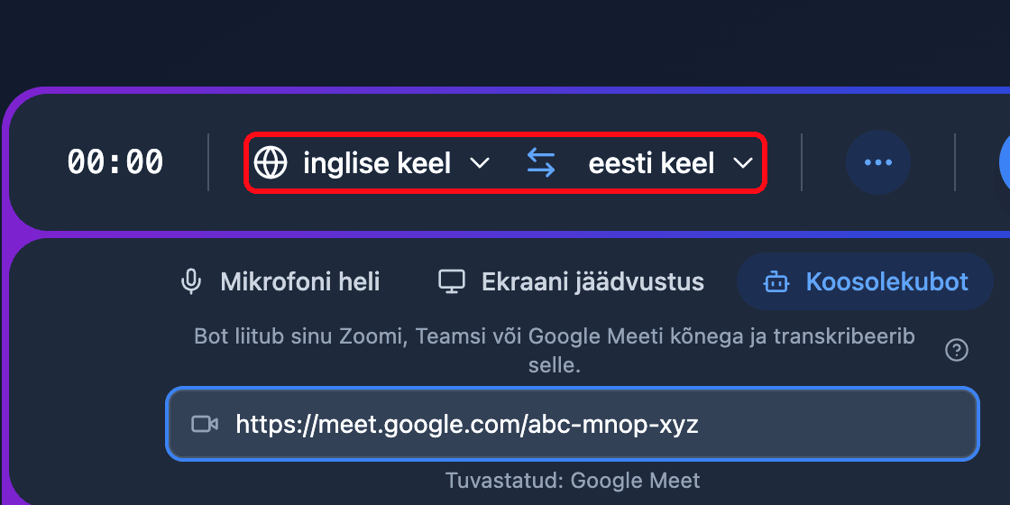 The source and target language selectors in the Whisperr Web App recording bar