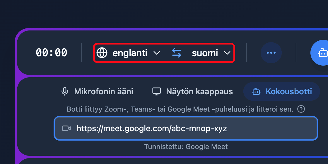 The source and target language selectors in the Whisperr Web App recording bar