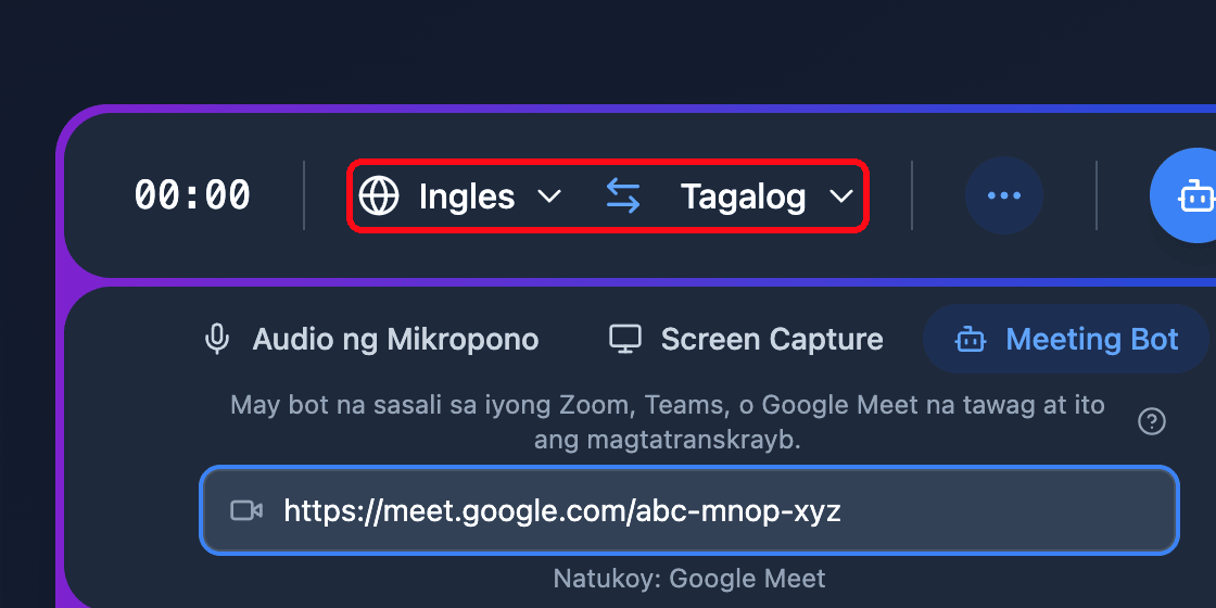 The source and target language selectors in the Whisperr Web App recording bar