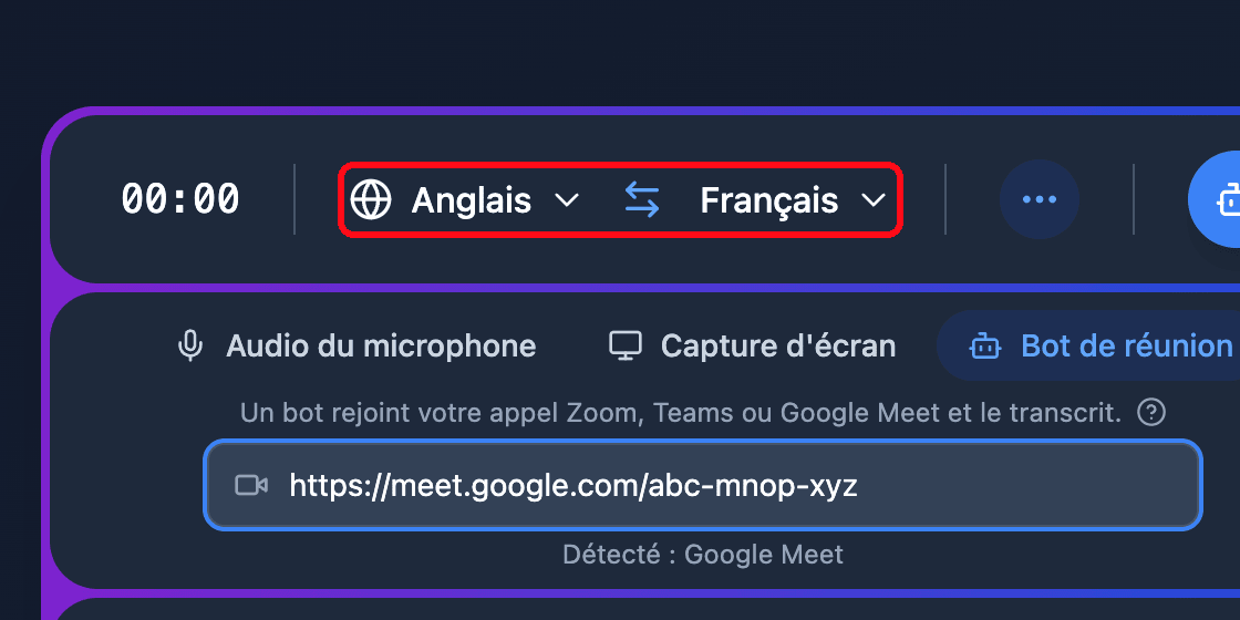 The source and target language selectors in the Whisperr Web App recording bar