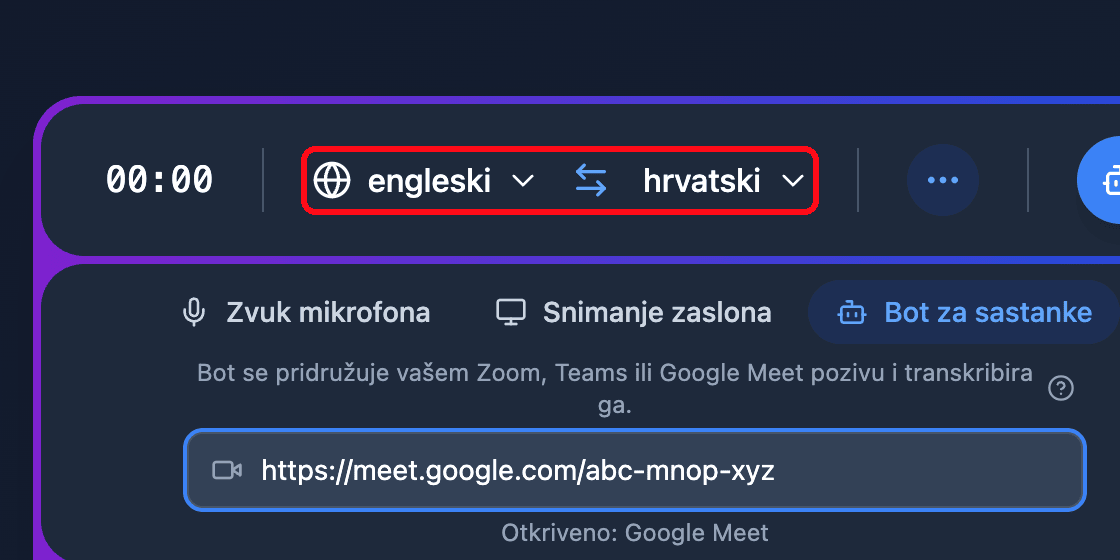 The source and target language selectors in the Whisperr Web App recording bar