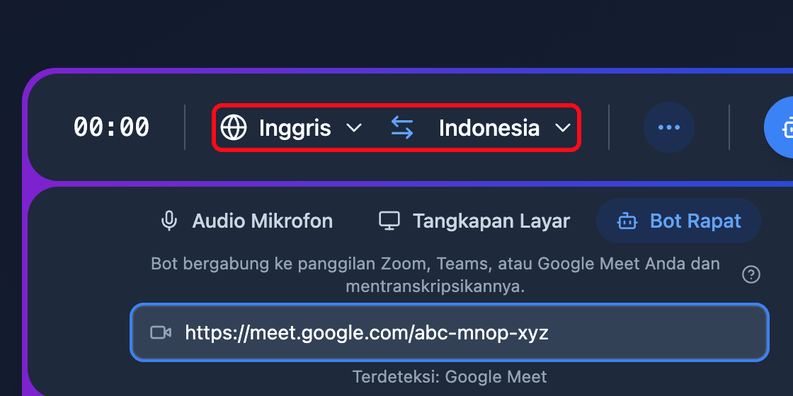 The source and target language selectors in the Whisperr Web App recording bar