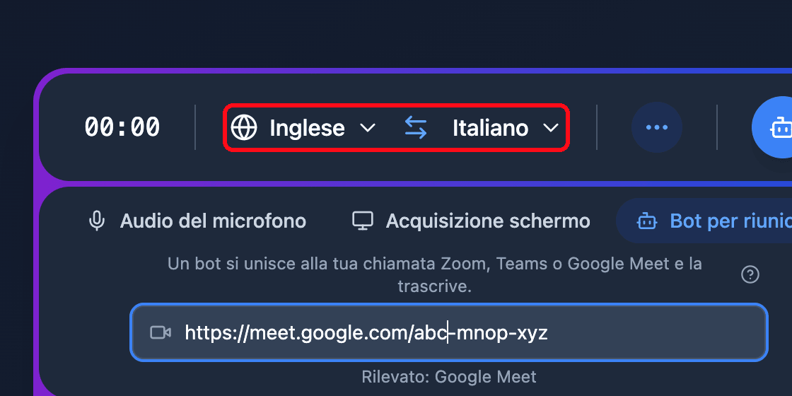 The source and target language selectors in the Whisperr Web App recording bar