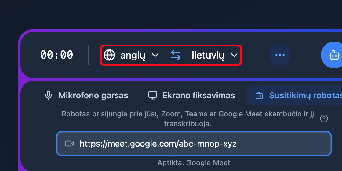 The source and target language selectors in the Whisperr Web App recording bar
