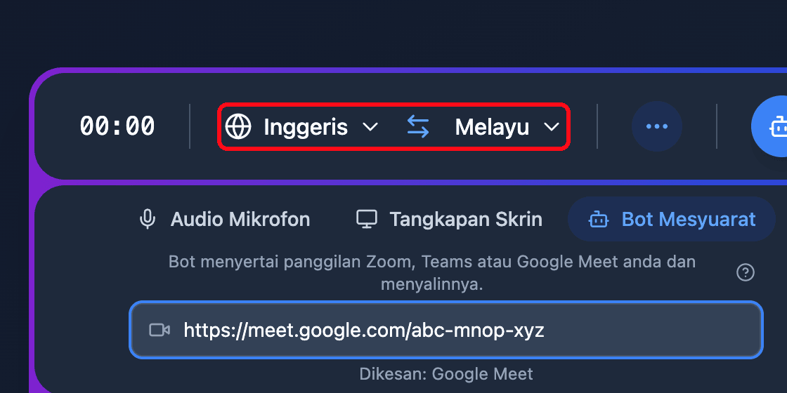The source and target language selectors in the Whisperr Web App recording bar