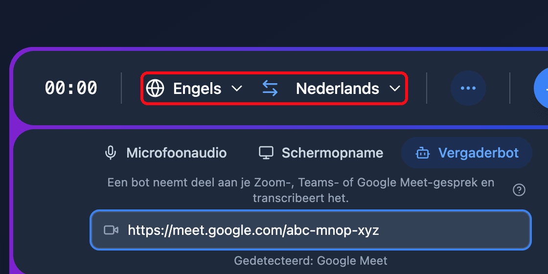 The source and target language selectors in the Whisperr Web App recording bar