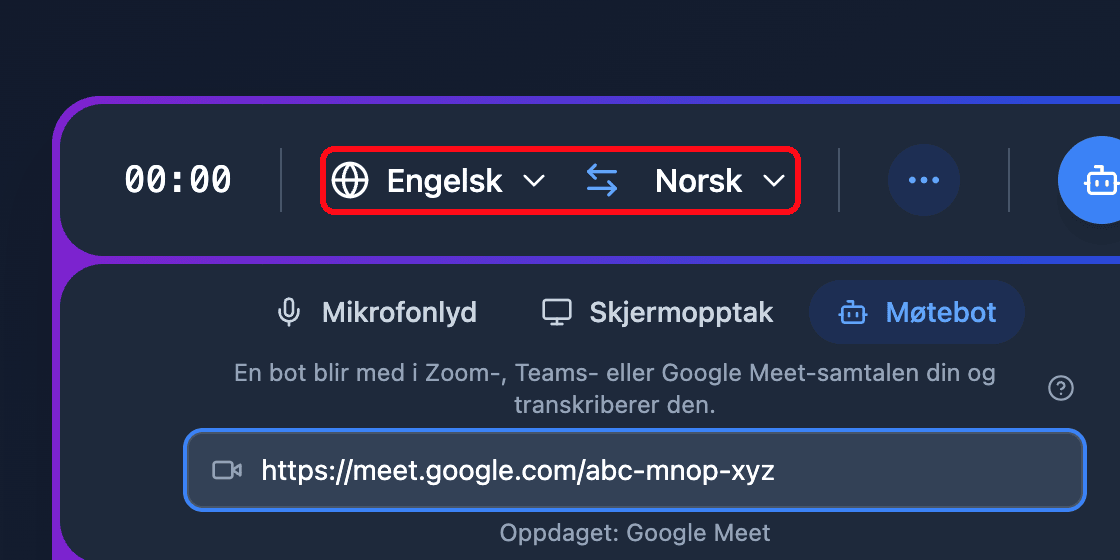 The source and target language selectors in the Whisperr Web App recording bar
