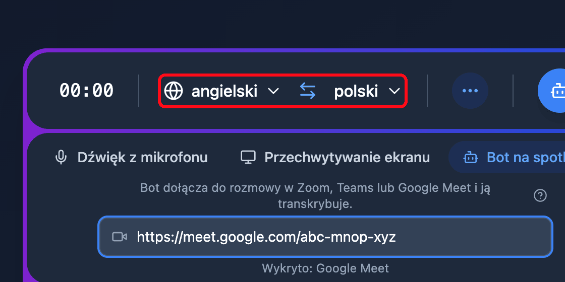The source and target language selectors in the Whisperr Web App recording bar