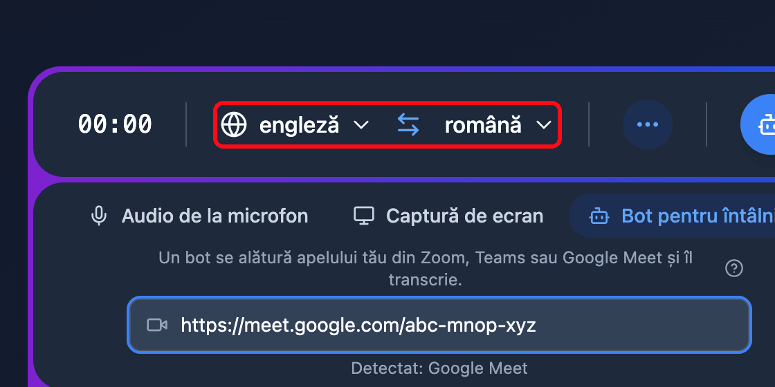 The source and target language selectors in the Whisperr Web App recording bar