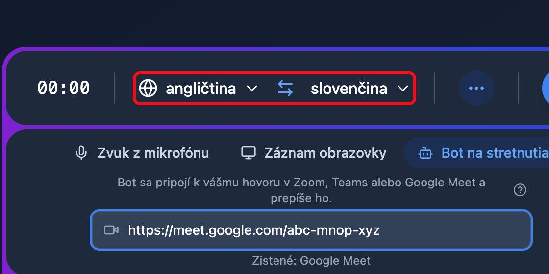 The source and target language selectors in the Whisperr Web App recording bar