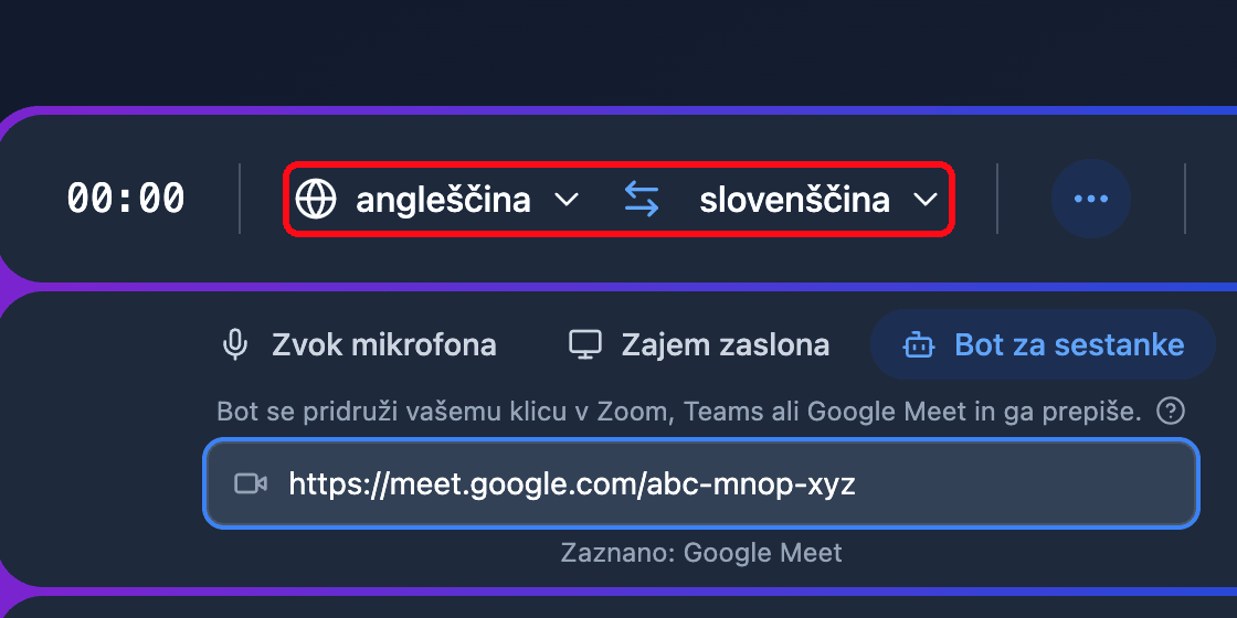 The source and target language selectors in the Whisperr Web App recording bar