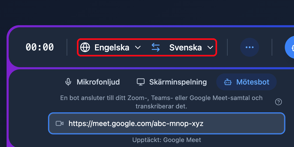 The source and target language selectors in the Whisperr Web App recording bar