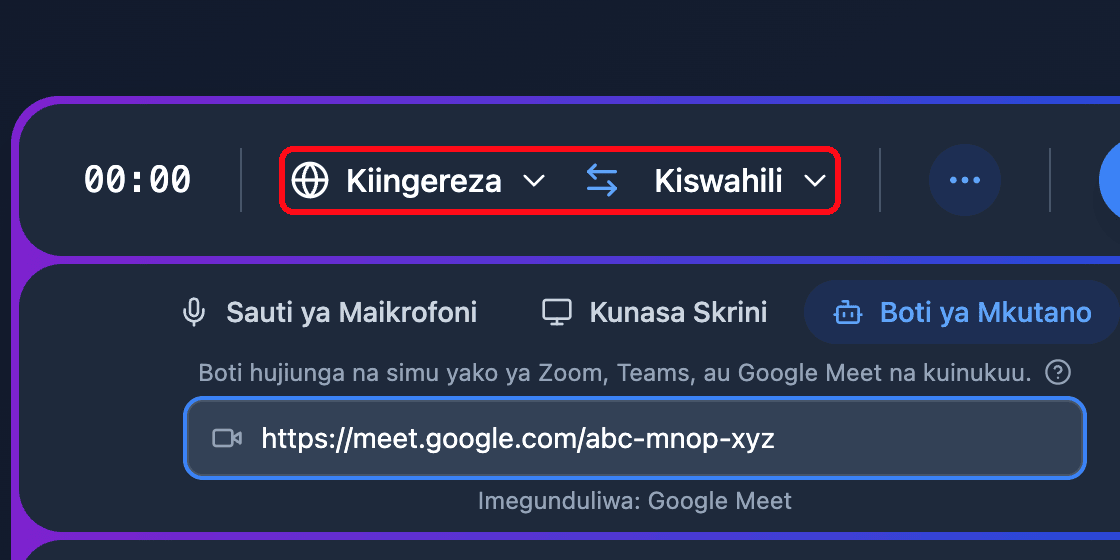 The source and target language selectors in the Whisperr Web App recording bar