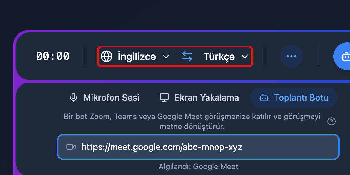 The source and target language selectors in the Whisperr Web App recording bar