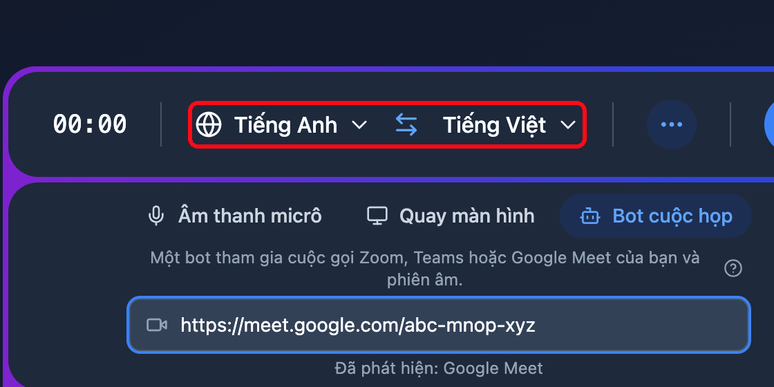 The source and target language selectors in the Whisperr Web App recording bar