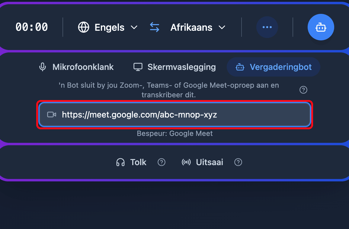 Pasting a Google Meet link into the Meeting Bot field in the Whisperr Web App, with the detected platform shown below