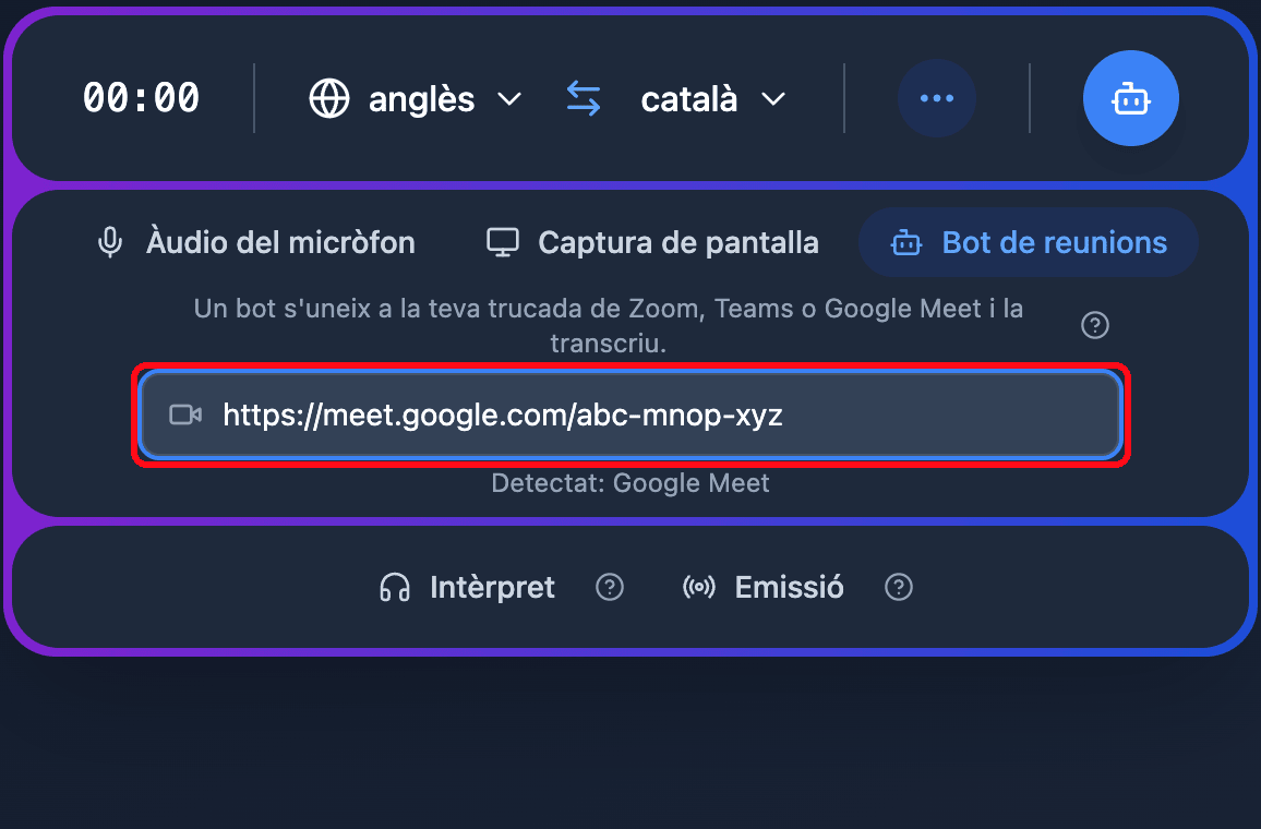 Pasting a Google Meet link into the Meeting Bot field in the Whisperr Web App, with the detected platform shown below
