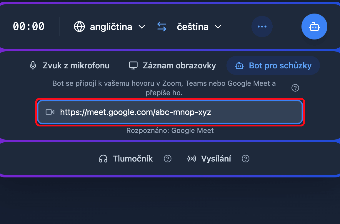 Pasting a Google Meet link into the Meeting Bot field in the Whisperr Web App, with the detected platform shown below