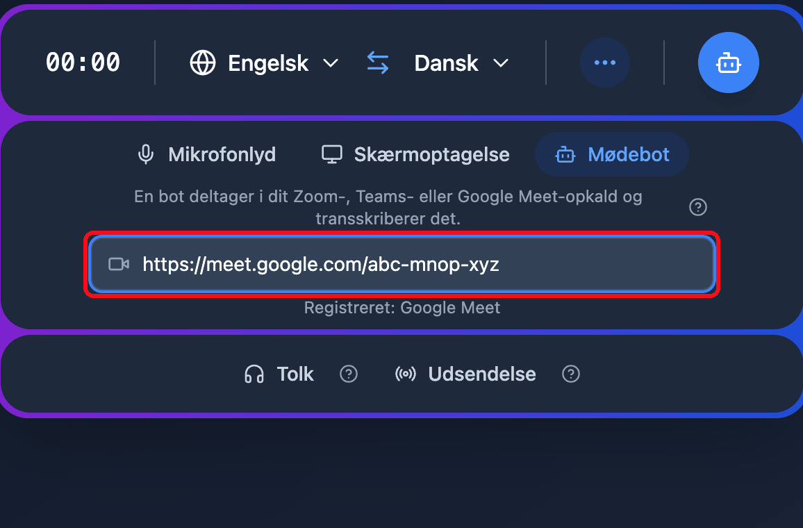 Pasting a Google Meet link into the Meeting Bot field in the Whisperr Web App, with the detected platform shown below