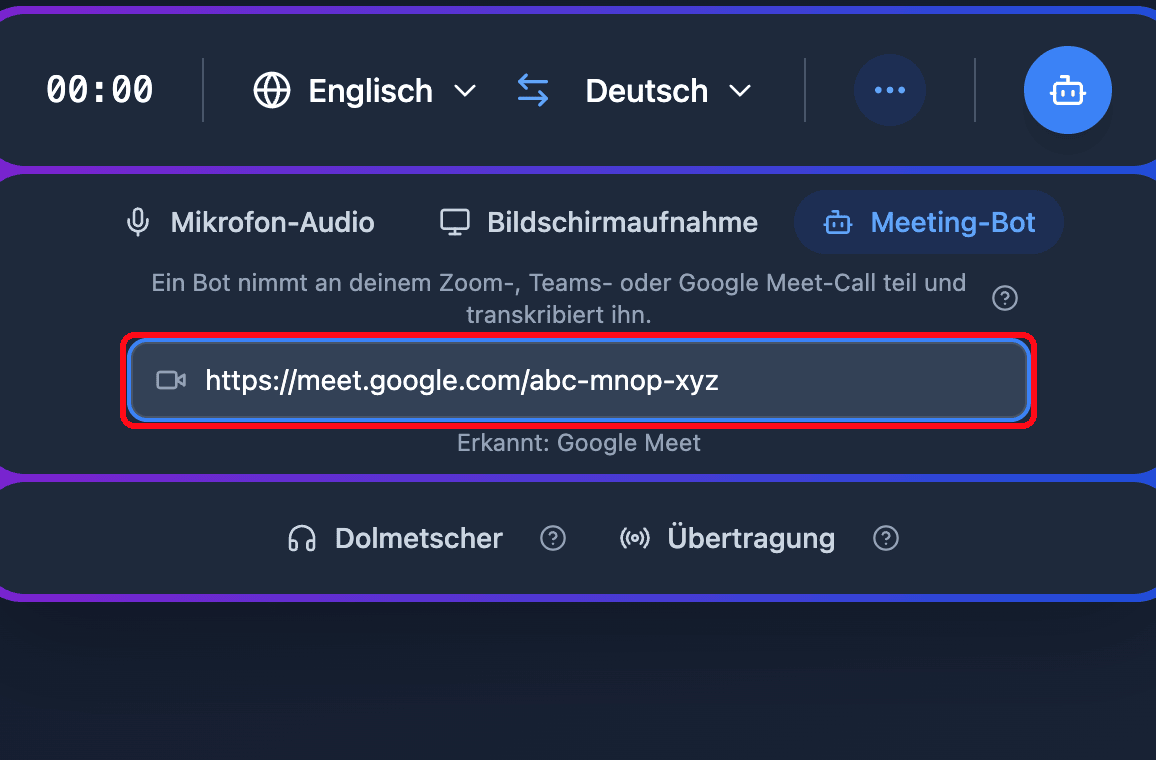 Pasting a Google Meet link into the Meeting Bot field in the Whisperr Web App, with the detected platform shown below