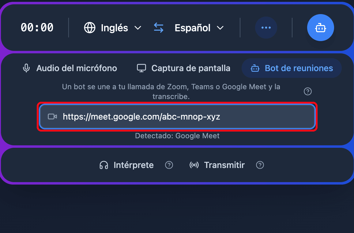 Pasting a Google Meet link into the Meeting Bot field in the Whisperr Web App, with the detected platform shown below