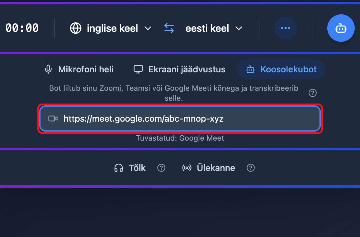 Pasting a Google Meet link into the Meeting Bot field in the Whisperr Web App, with the detected platform shown below