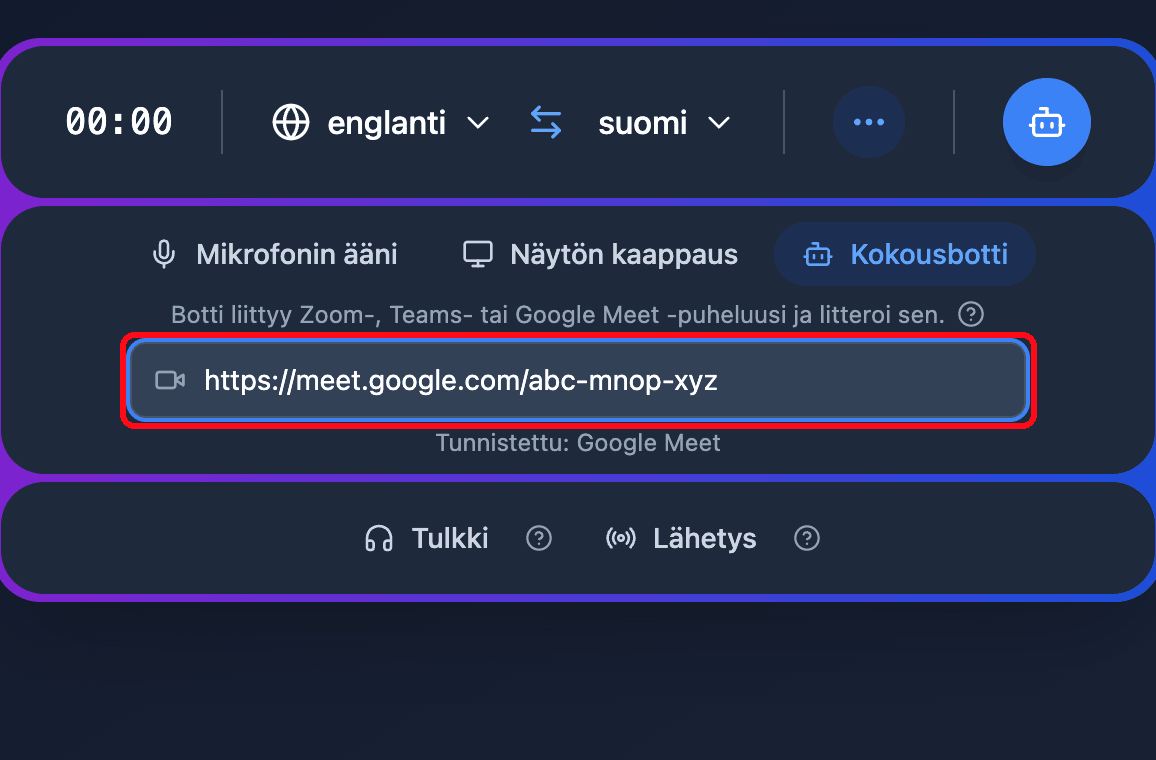 Pasting a Google Meet link into the Meeting Bot field in the Whisperr Web App, with the detected platform shown below