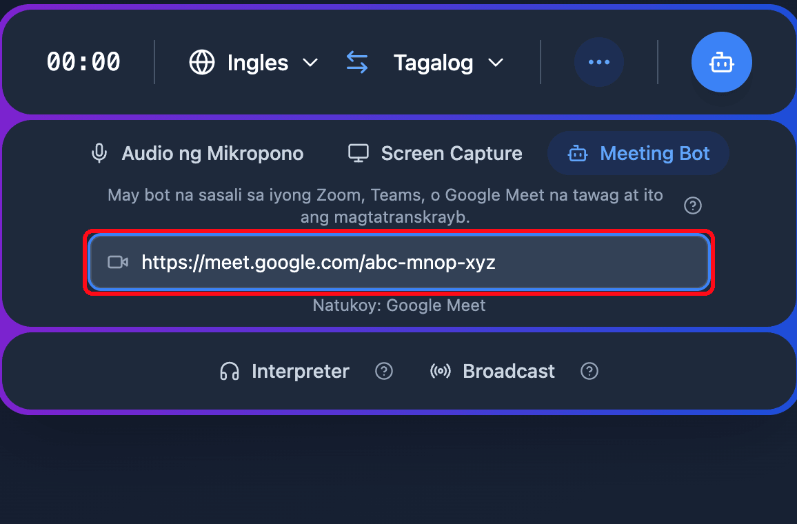 Pasting a Google Meet link into the Meeting Bot field in the Whisperr Web App, with the detected platform shown below