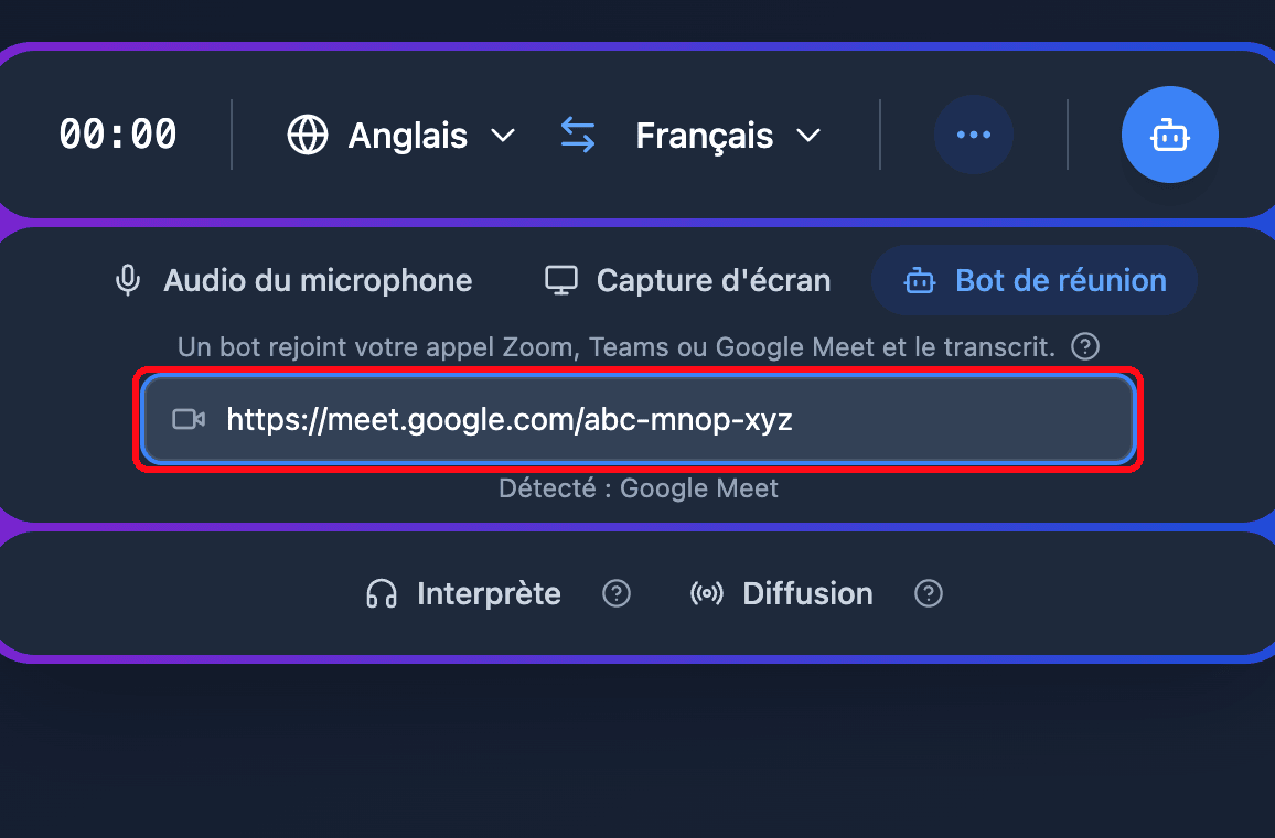 Pasting a Google Meet link into the Meeting Bot field in the Whisperr Web App, with the detected platform shown below